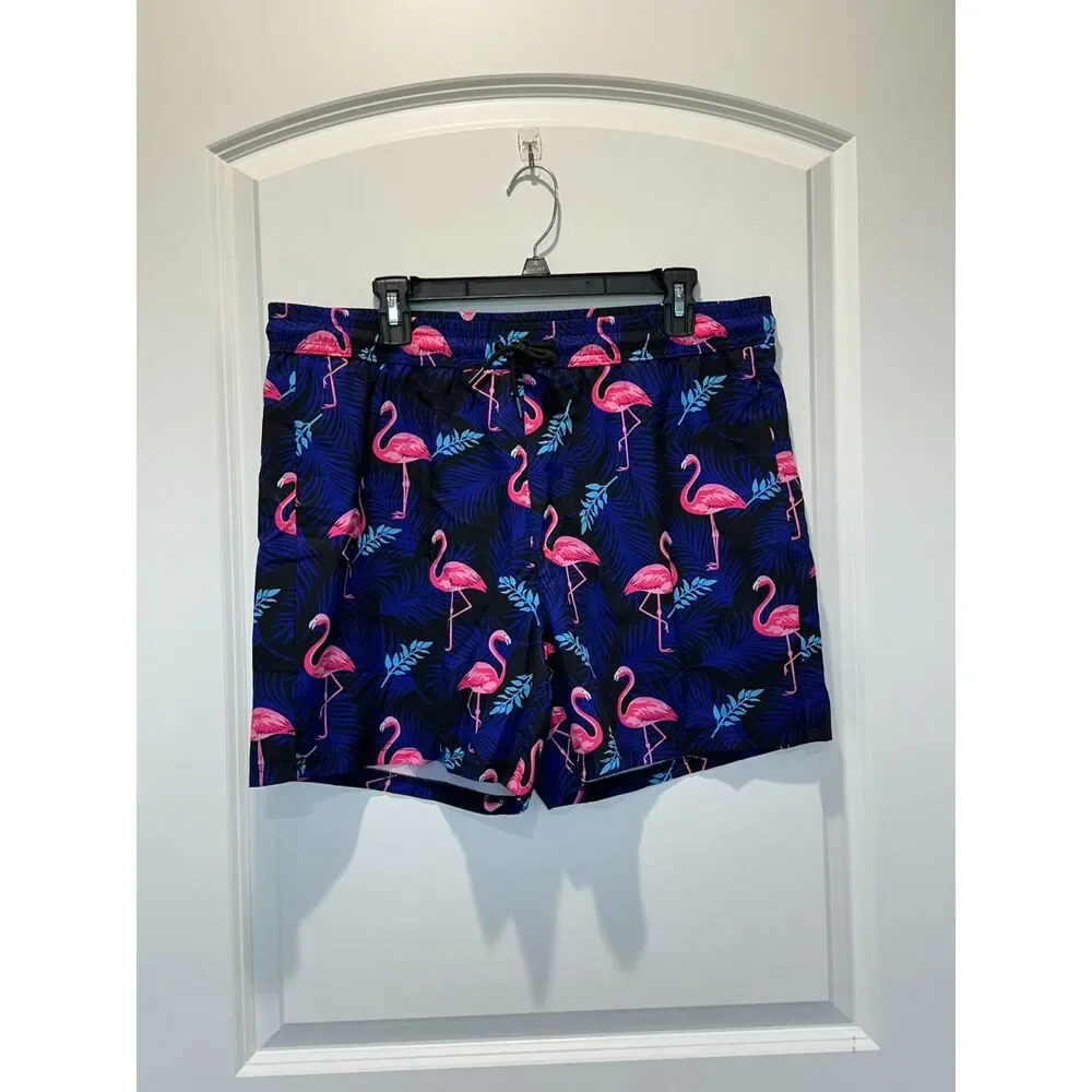 NWT Brisira Blue Flamingo Print Swim Trunks Size XL